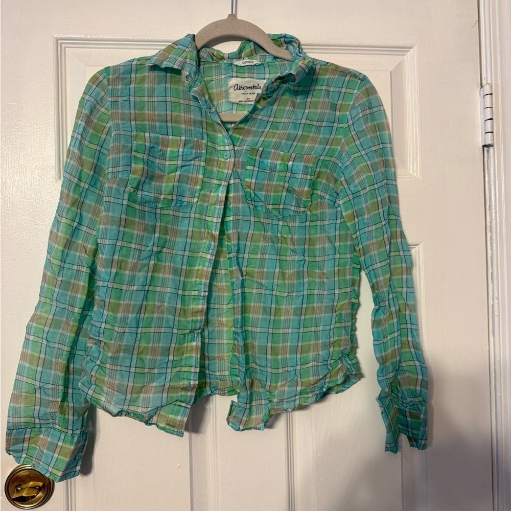 Aeropostale Teal and Brown Plaid Button Down Shirt